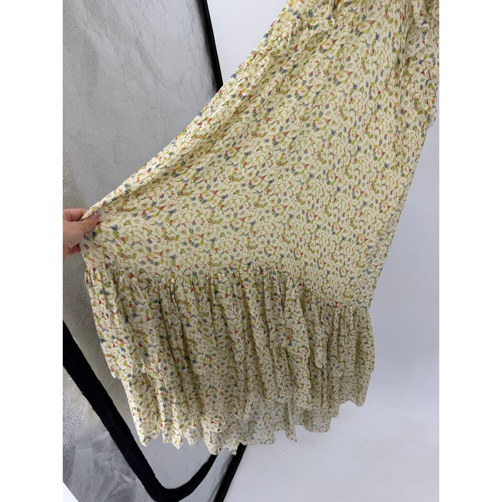 Doen Antoinette Maxi Dress Yellow Victoria Floral Printed Silk Ruffle Sheer M - Picture 8 of 13
